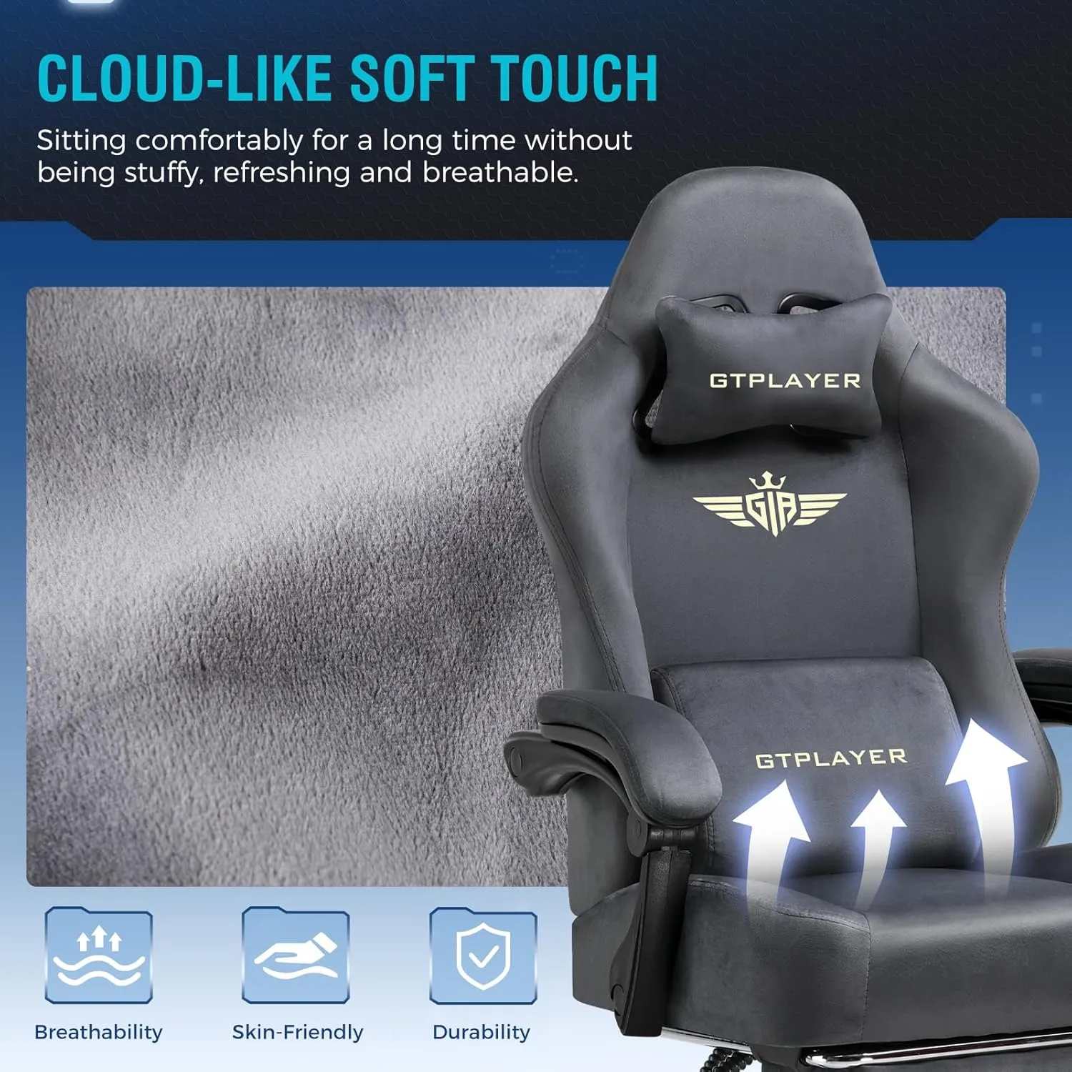 GTPLAYER Gaming Chair Fabric with Pocket Spring Cushion, Big and Tall Gamings Chairs 350LBS High Back Computer Chair with Footrest for Adults Lumbar Support Swivel Game Chair for Office Gaming Gray