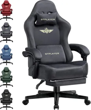 GTPLAYER Gaming Chair Fabric with Pocket Spring Cushion, Big and Tall Gamings Chairs 350LBS High Back Computer Chair with Footrest for Adults Lumbar Support Swivel Game Chair for Office Gaming Gray
