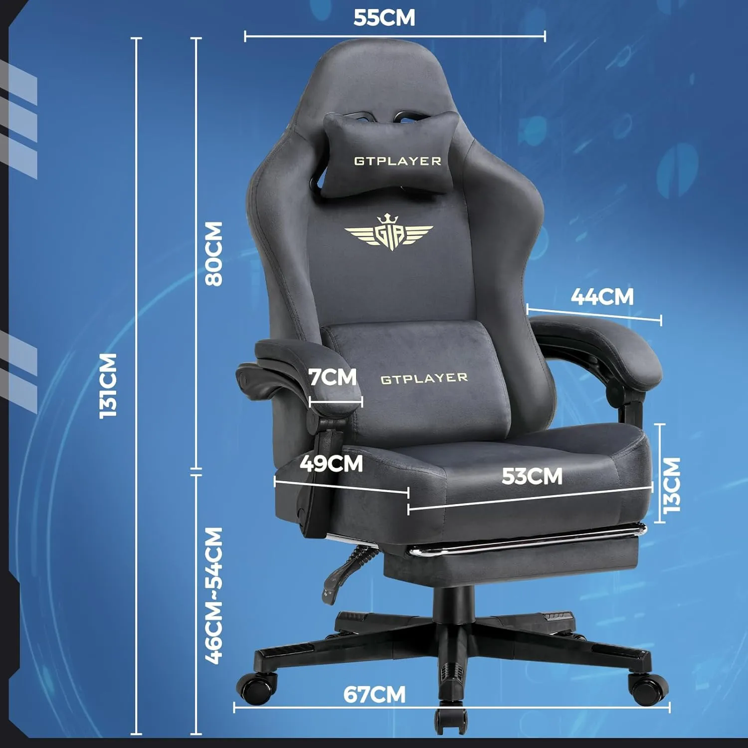 GTPLAYER Gaming Chair Fabric with Pocket Spring Cushion, Big and Tall Gamings Chairs 350LBS High Back Computer Chair with Footrest for Adults Lumbar Support Swivel Game Chair for Office Gaming Gray