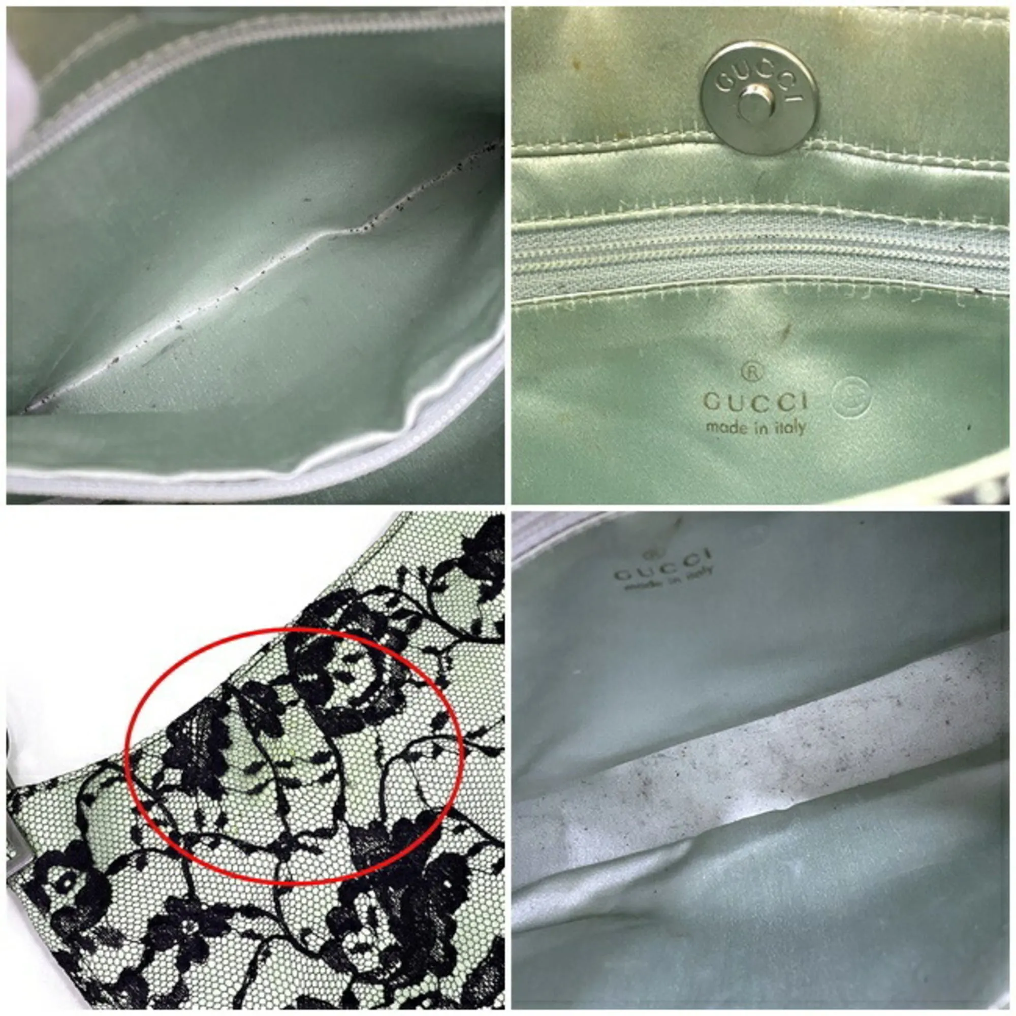 Gucci Handbag Green Black One Shoulder Bag Satin Lace Leather GUCCI Flower Semi Ladies Mint