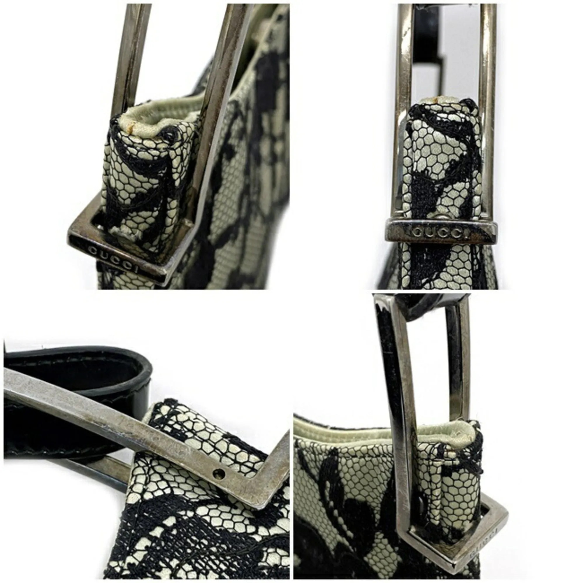 Gucci Handbag Green Black One Shoulder Bag Satin Lace Leather GUCCI Flower Semi Ladies Mint