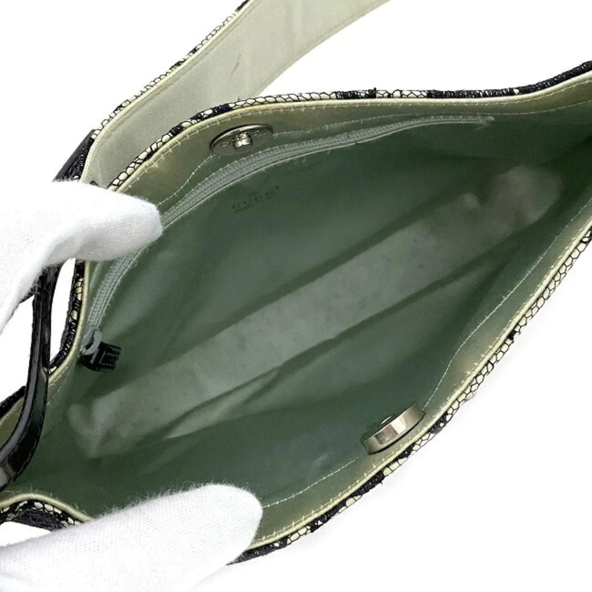 Gucci Handbag Green Black One Shoulder Bag Satin Lace Leather GUCCI Flower Semi Ladies Mint