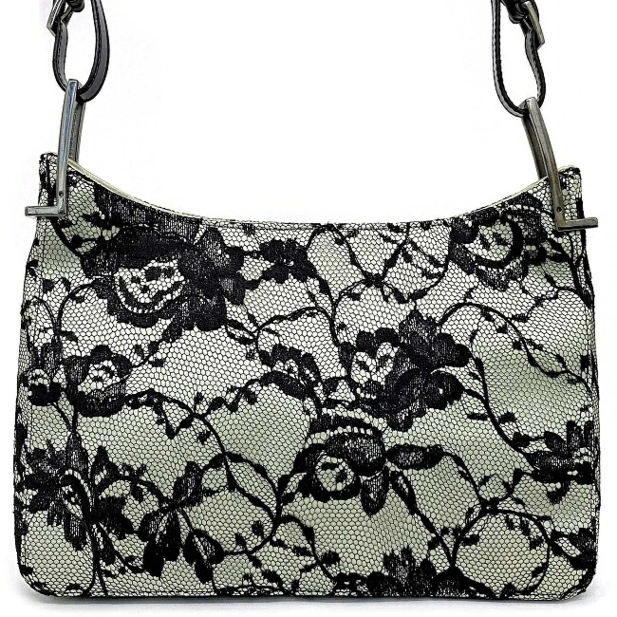 Gucci Handbag Green Black One Shoulder Bag Satin Lace Leather GUCCI Flower Semi Ladies Mint