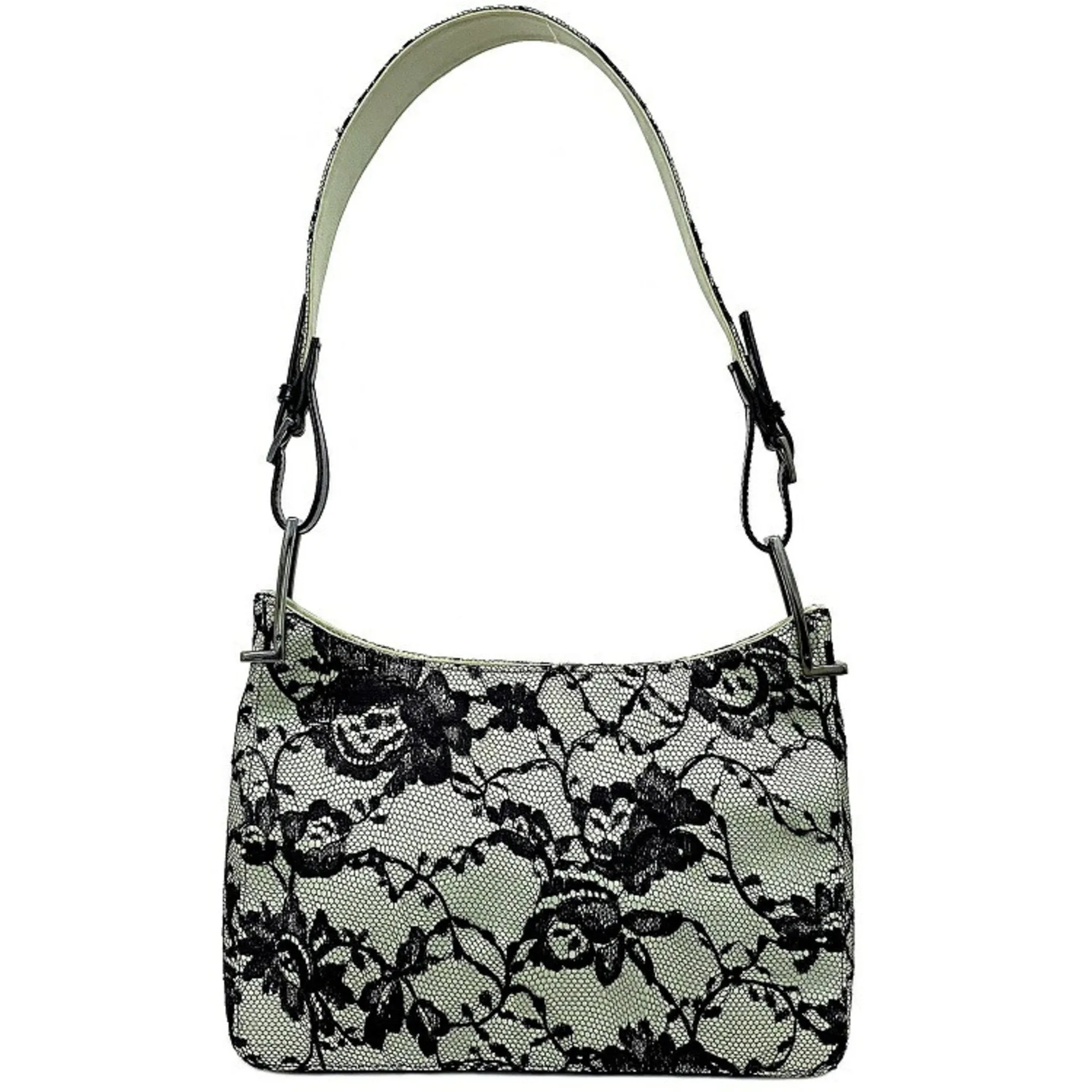 Gucci Handbag Green Black One Shoulder Bag Satin Lace Leather GUCCI Flower Semi Ladies Mint