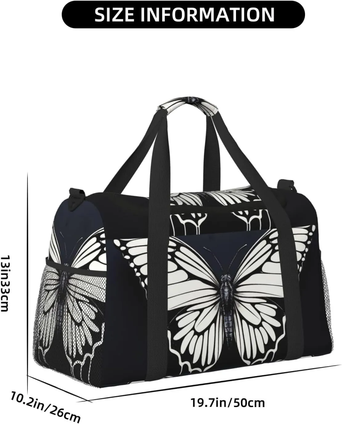 Gym Bag A black and white butterfly Duffel Bag for Men Women Travel Overnight Bag with Shoe Compartment Workout Bags