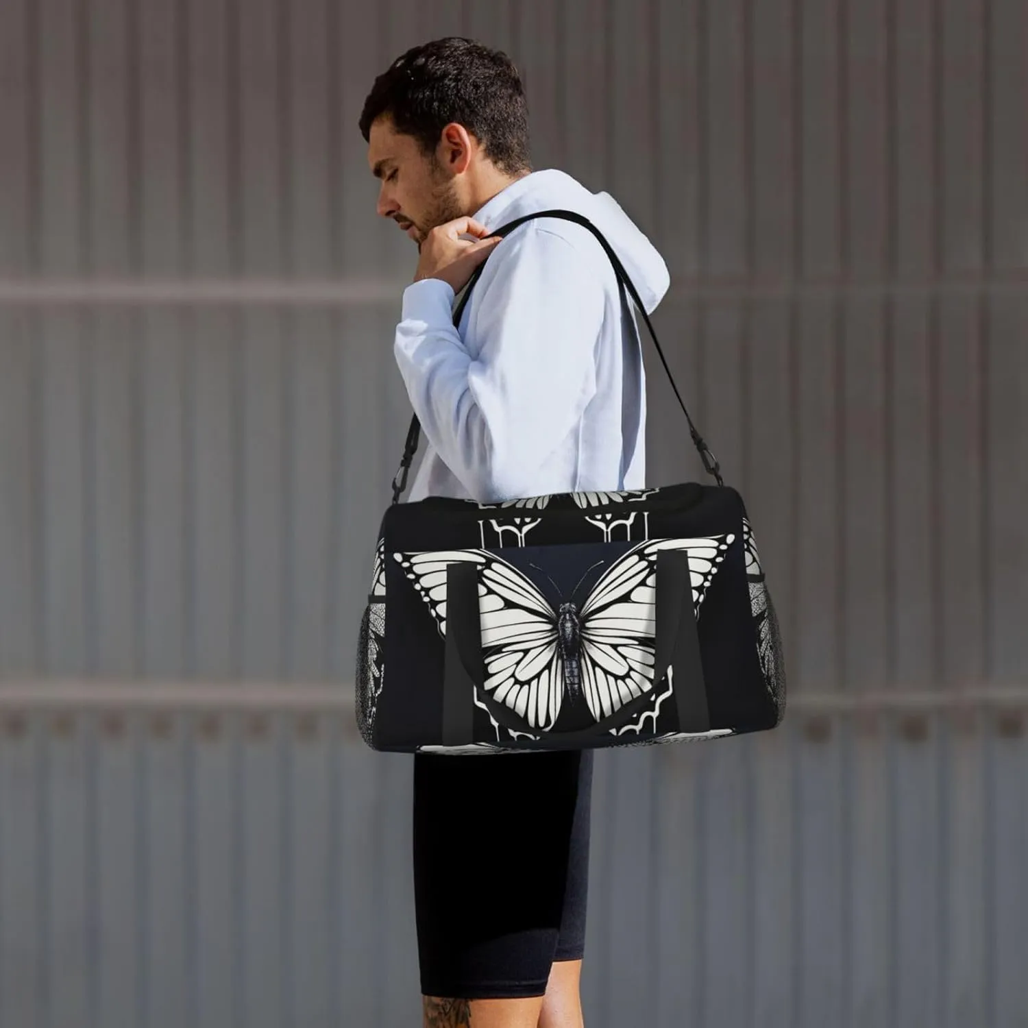 Gym Bag A black and white butterfly Duffel Bag for Men Women Travel Overnight Bag with Shoe Compartment Workout Bags