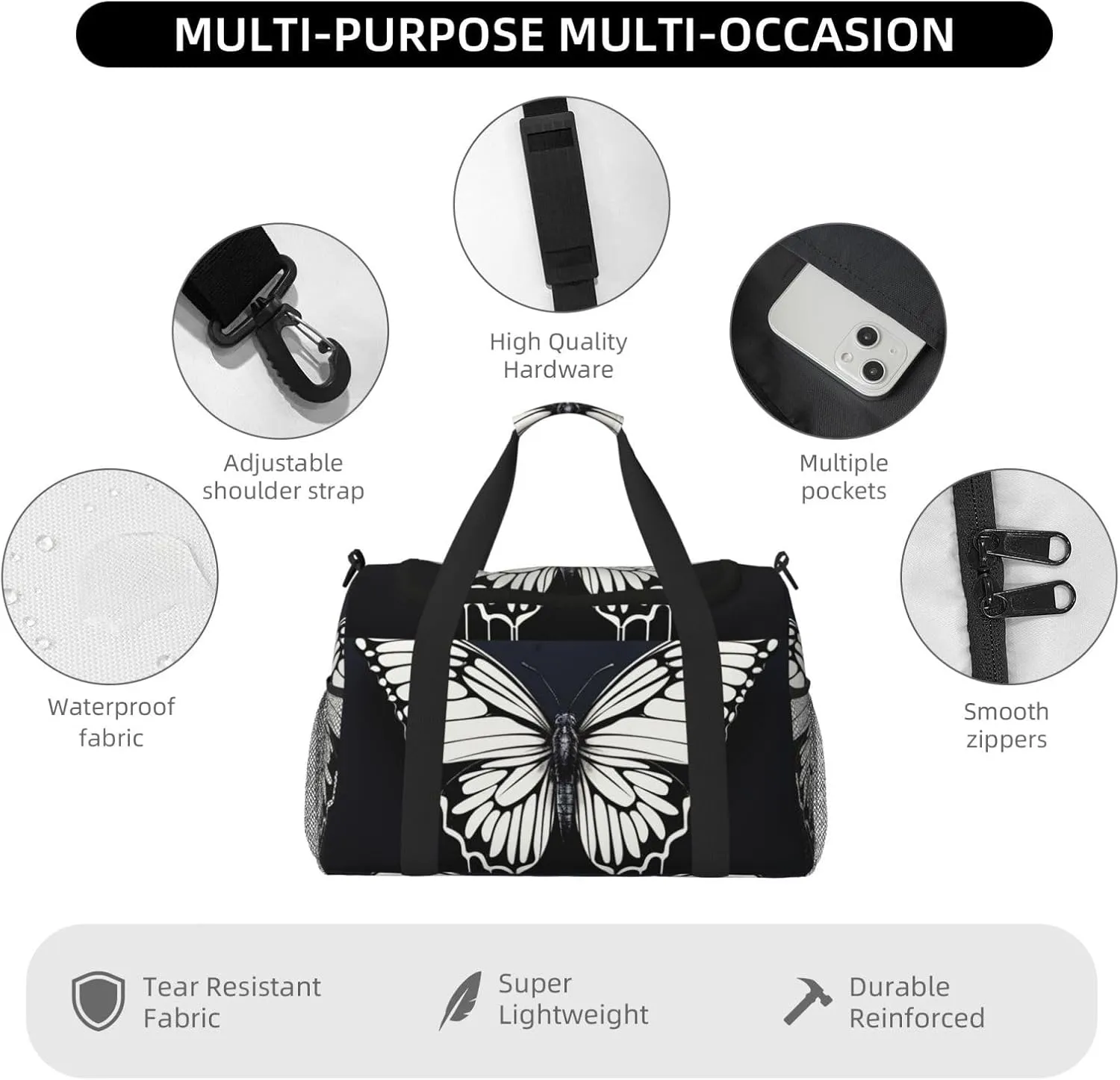 Gym Bag A black and white butterfly Duffel Bag for Men Women Travel Overnight Bag with Shoe Compartment Workout Bags