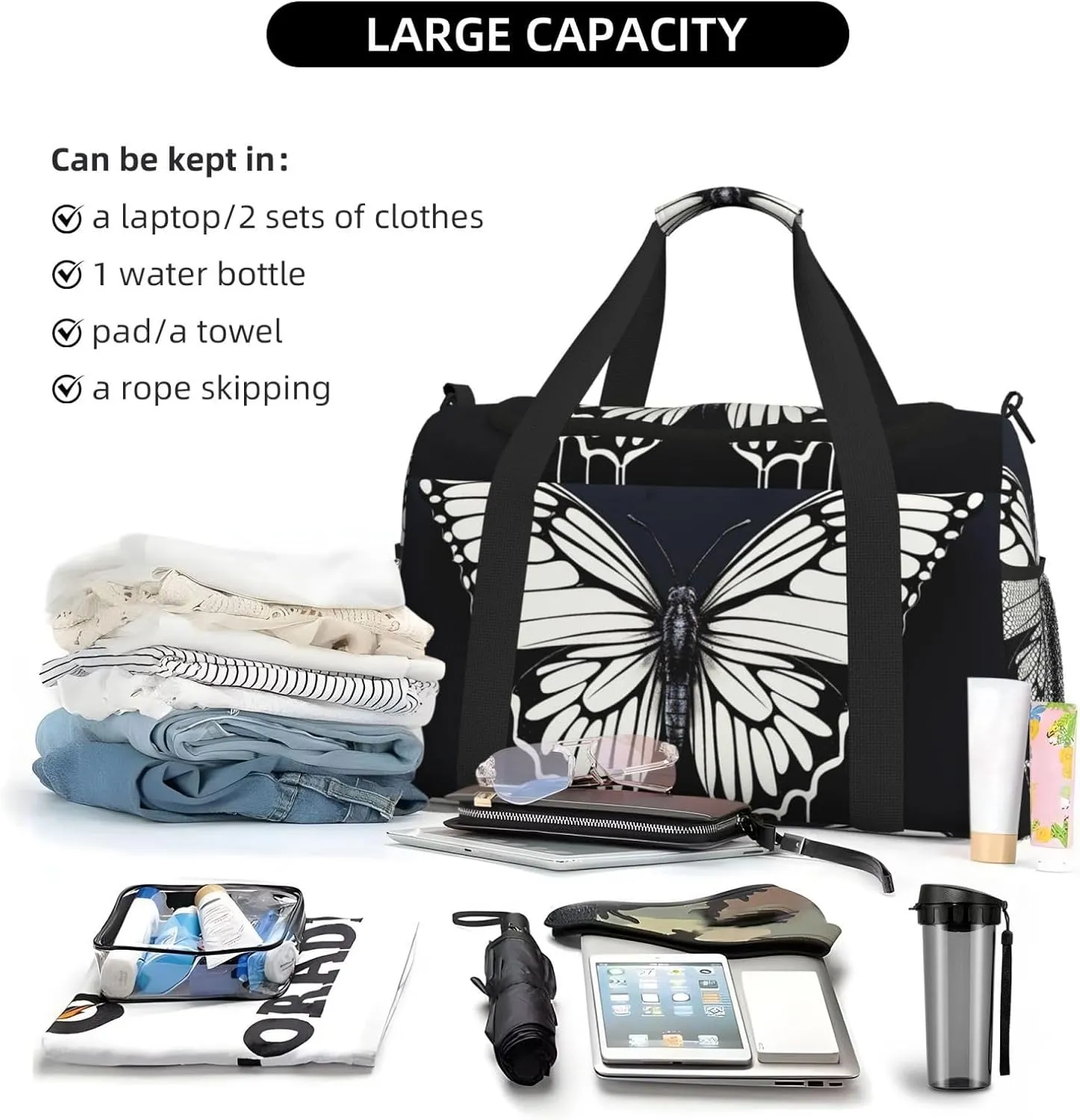 Gym Bag A black and white butterfly Duffel Bag for Men Women Travel Overnight Bag with Shoe Compartment Workout Bags