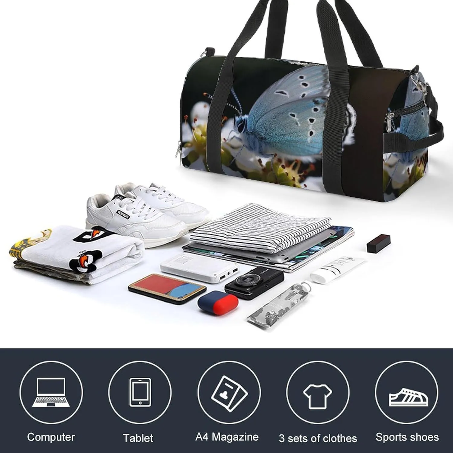 Gym Bag Butterfly Lingering on Flower Duffel Bag for Men Women Travel Overnight Bag with Shoe Compartment Workout Bags