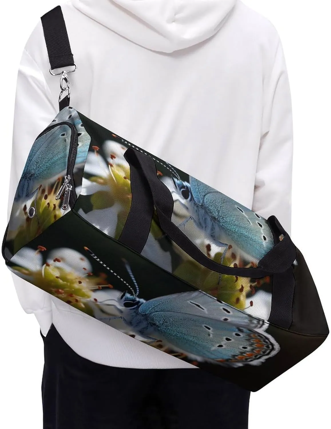 Gym Bag Butterfly Lingering on Flower Duffel Bag for Men Women Travel Overnight Bag with Shoe Compartment Workout Bags