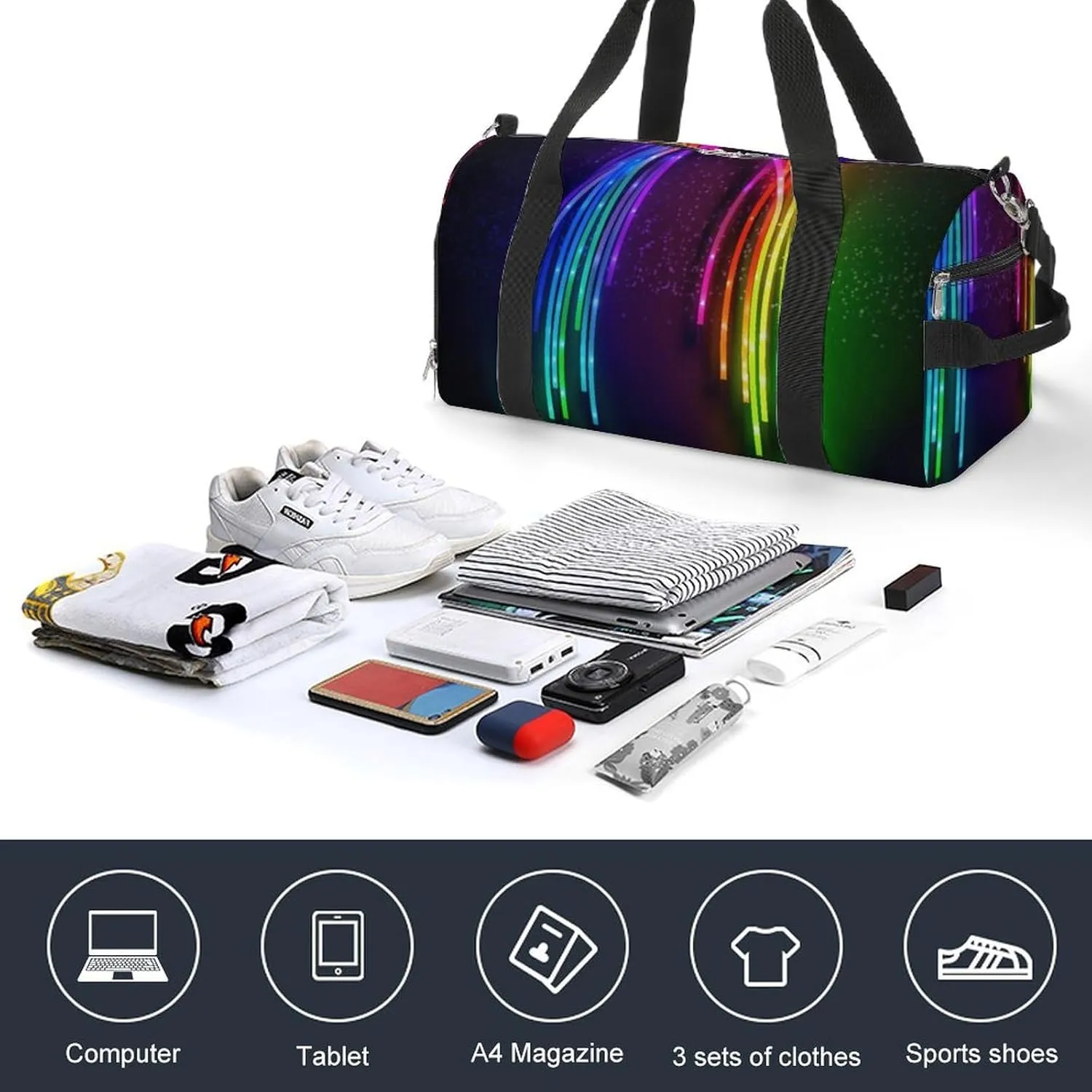 Gym Bag Rainbow Neon Duffel Bag for Men Women Overnight Bag with Shoe Compartment Workout Bags