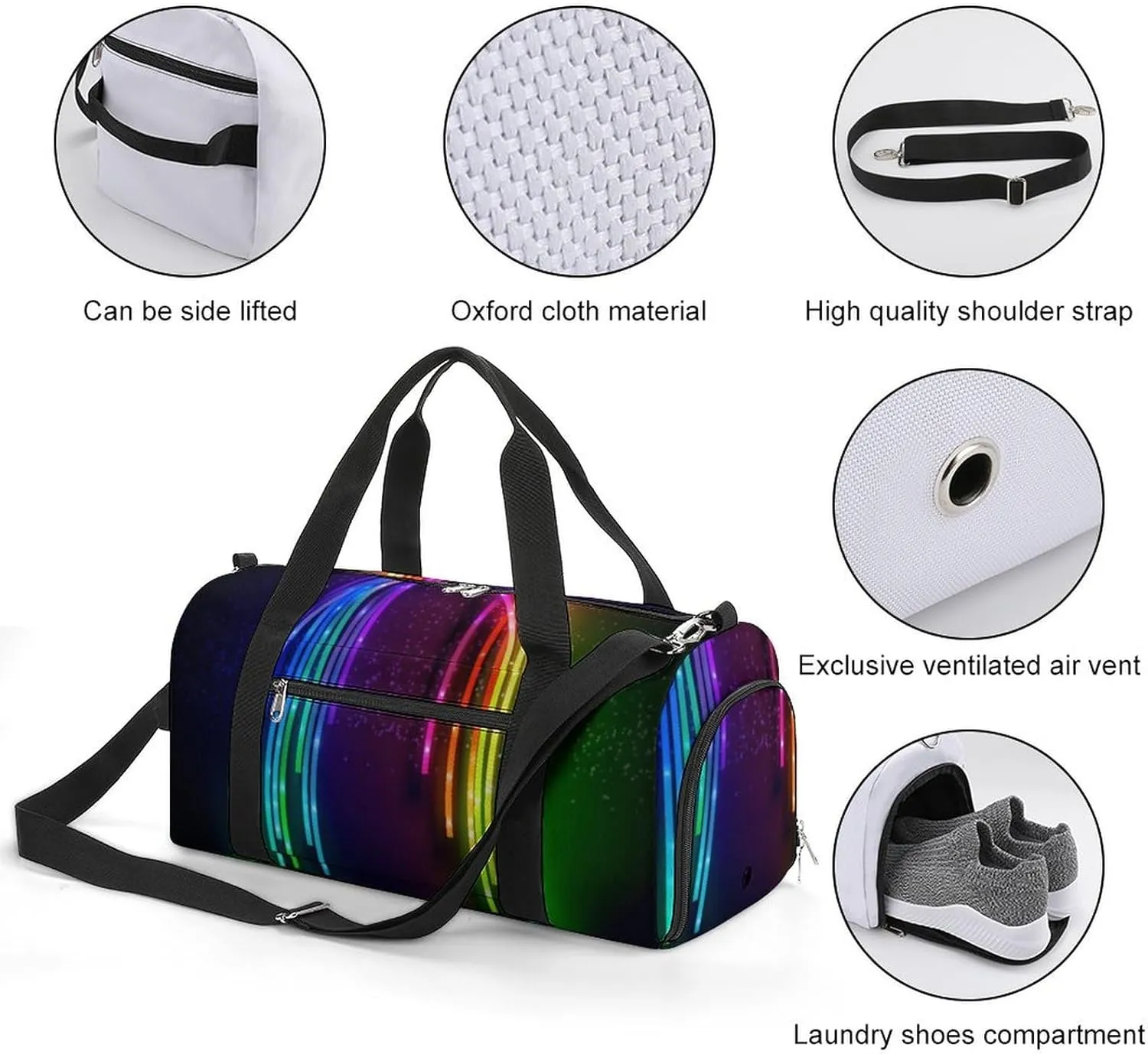 Gym Bag Rainbow Neon Duffel Bag for Men Women Overnight Bag with Shoe Compartment Workout Bags