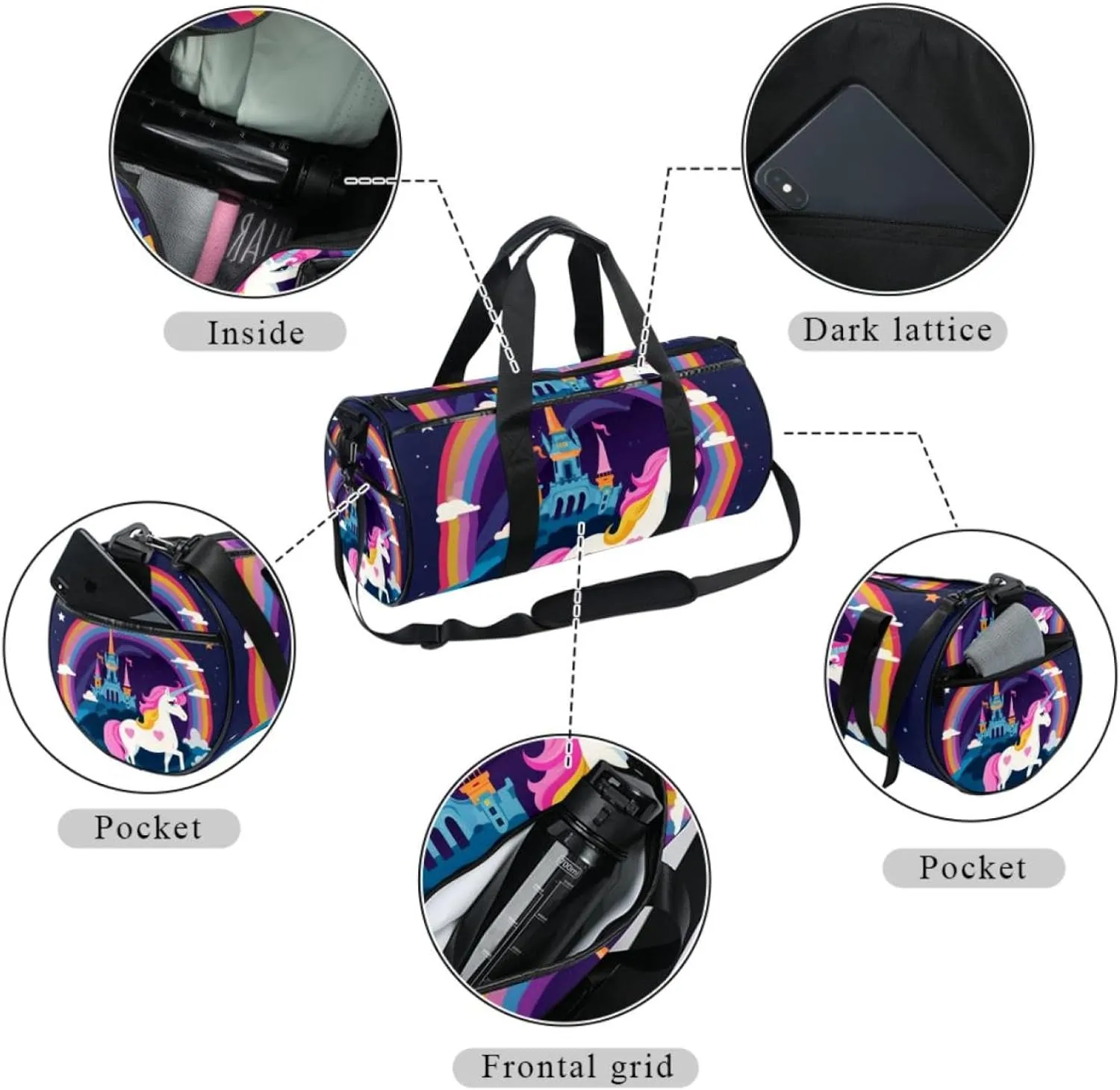 Gym Bags for Men,Travel Duffel Bags for Women,Castle Clouds Rainbow Unicorn,Workout Bag