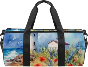 Gym Bags for Men,Travel Duffel Bags for Women,Flower Bush Summer Lighthouse,Workout Bag