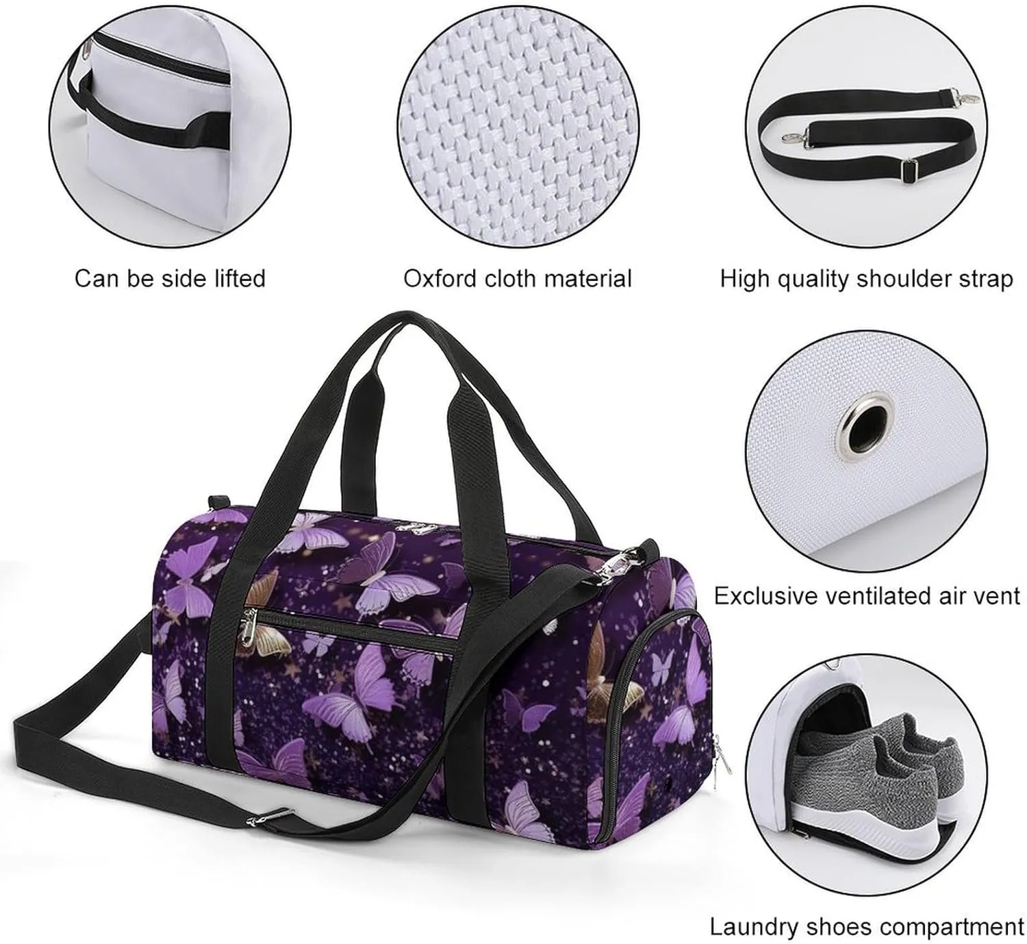 Gym Duffel Bag with Shoe Compartment Wet Pocket, 3d Butterfly Purple Travel Bag for Men Women, style-1