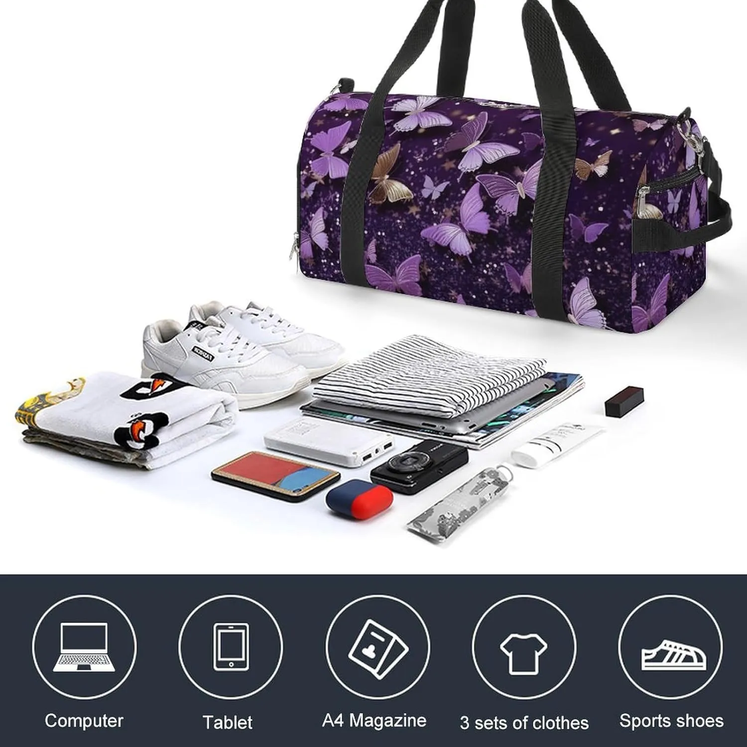 Gym Duffel Bag with Shoe Compartment Wet Pocket, 3d Butterfly Purple Travel Bag for Men Women, style-1