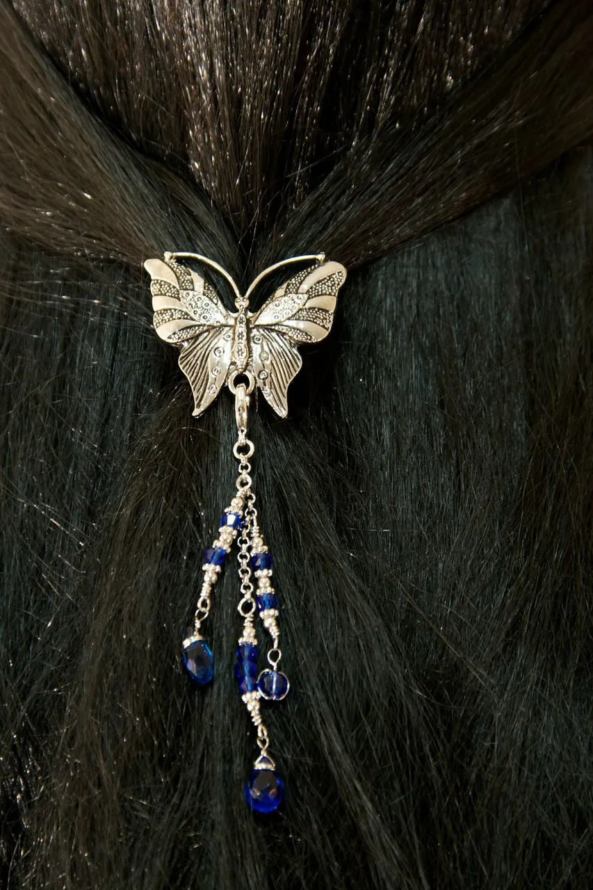 Hair Hook Silver Butterfly with Bead Charm Ponytail Holder