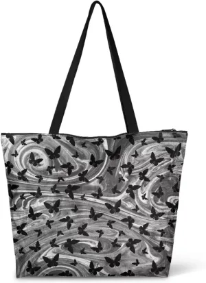 Halloween Flame Skull Women Tote Paper Bag Gothic Butterfly Foldable Tote Bag, Cow Print Large Work Commute Bag