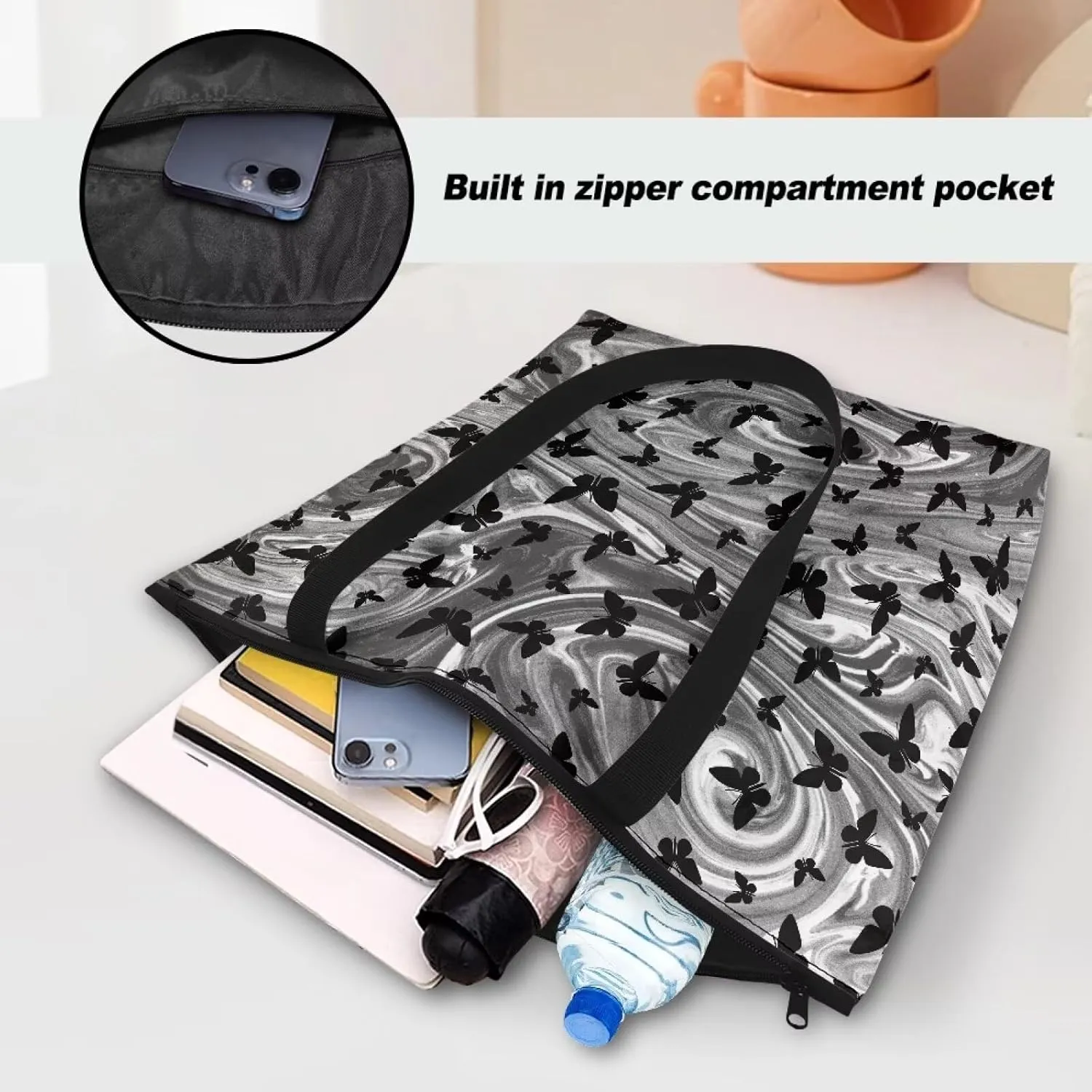 Halloween Flame Skull Women Tote Paper Bag Gothic Butterfly Foldable Tote Bag, Cow Print Large Work Commute Bag