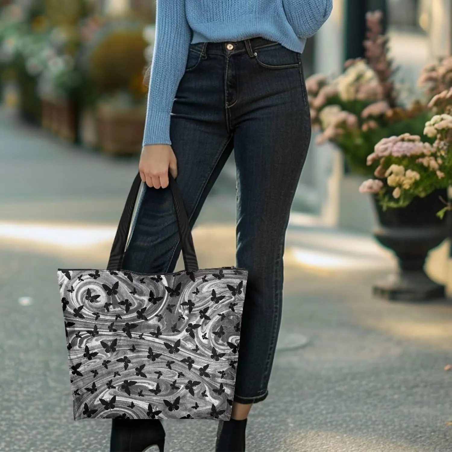 Halloween Flame Skull Women Tote Paper Bag Gothic Butterfly Foldable Tote Bag, Cow Print Large Work Commute Bag