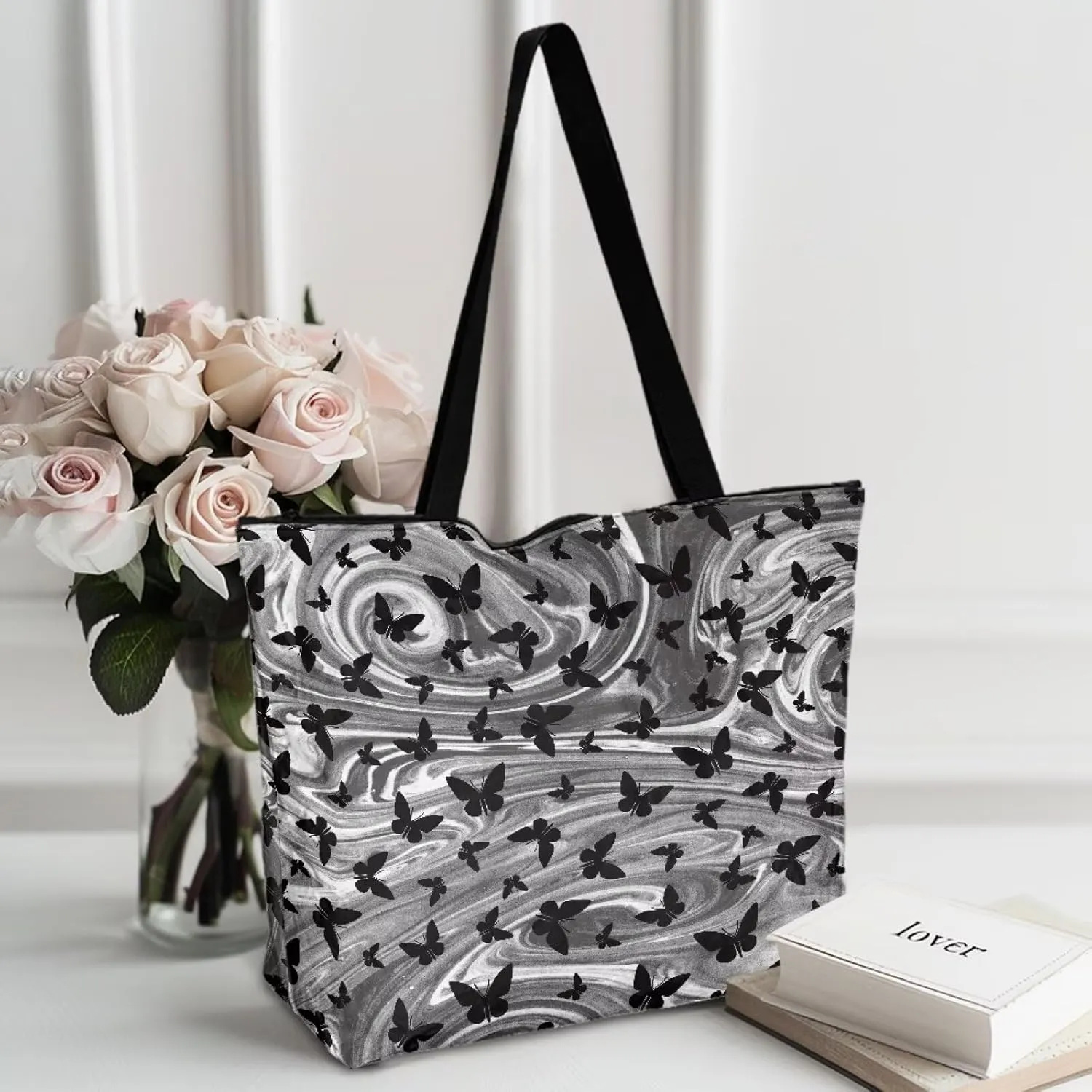 Halloween Flame Skull Women Tote Paper Bag Gothic Butterfly Foldable Tote Bag, Cow Print Large Work Commute Bag