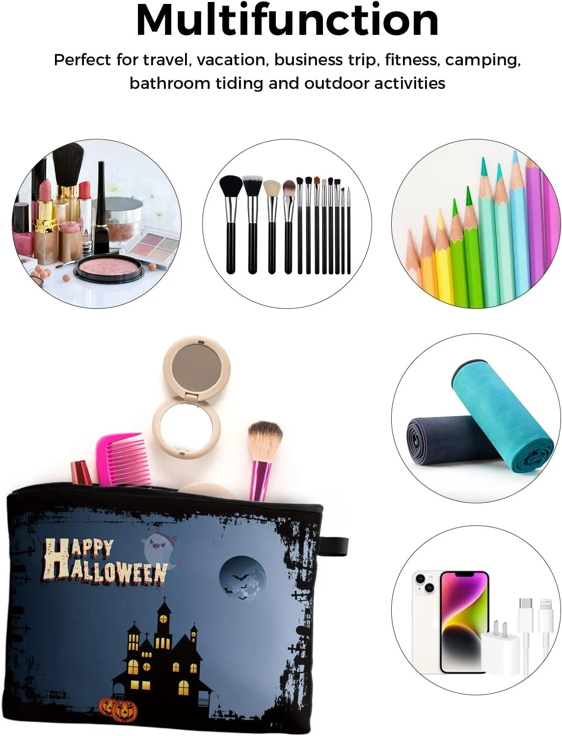 Halloween Horror Castle Ghost Pumpkin Carving Cosmetic Bags for Women, Moon Night Black Small Makeup Bag for Purse, Waterproof Travel Toiletry Bag Accessories Organizer, 2PCS
