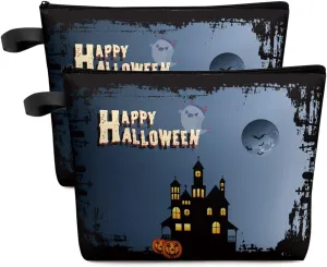 Halloween Horror Castle Ghost Pumpkin Carving Cosmetic Bags for Women, Moon Night Black Small Makeup Bag for Purse, Waterproof Travel Toiletry Bag Accessories Organizer, 2PCS