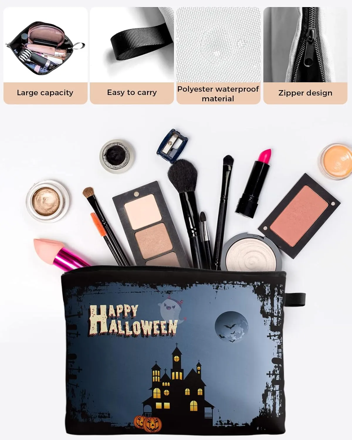 Halloween Horror Castle Ghost Pumpkin Carving Cosmetic Bags for Women, Moon Night Black Small Makeup Bag for Purse, Waterproof Travel Toiletry Bag Accessories Organizer, 2PCS