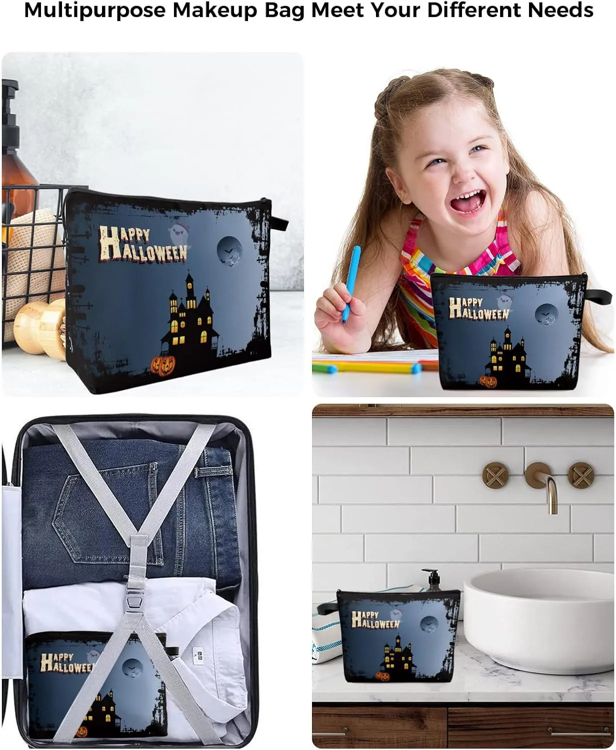 Halloween Horror Castle Ghost Pumpkin Carving Cosmetic Bags for Women, Moon Night Black Small Makeup Bag for Purse, Waterproof Travel Toiletry Bag Accessories Organizer, 2PCS
