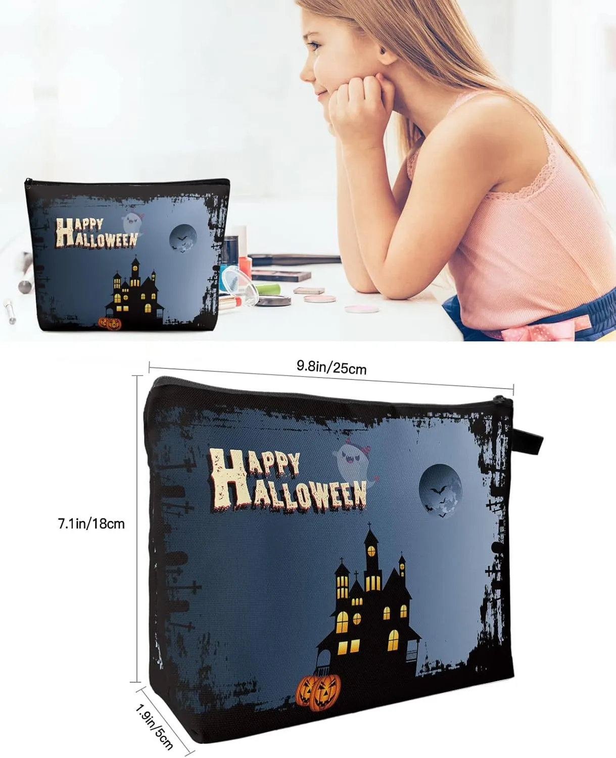 Halloween Horror Castle Ghost Pumpkin Carving Cosmetic Bags for Women, Moon Night Black Small Makeup Bag for Purse, Waterproof Travel Toiletry Bag Accessories Organizer, 2PCS