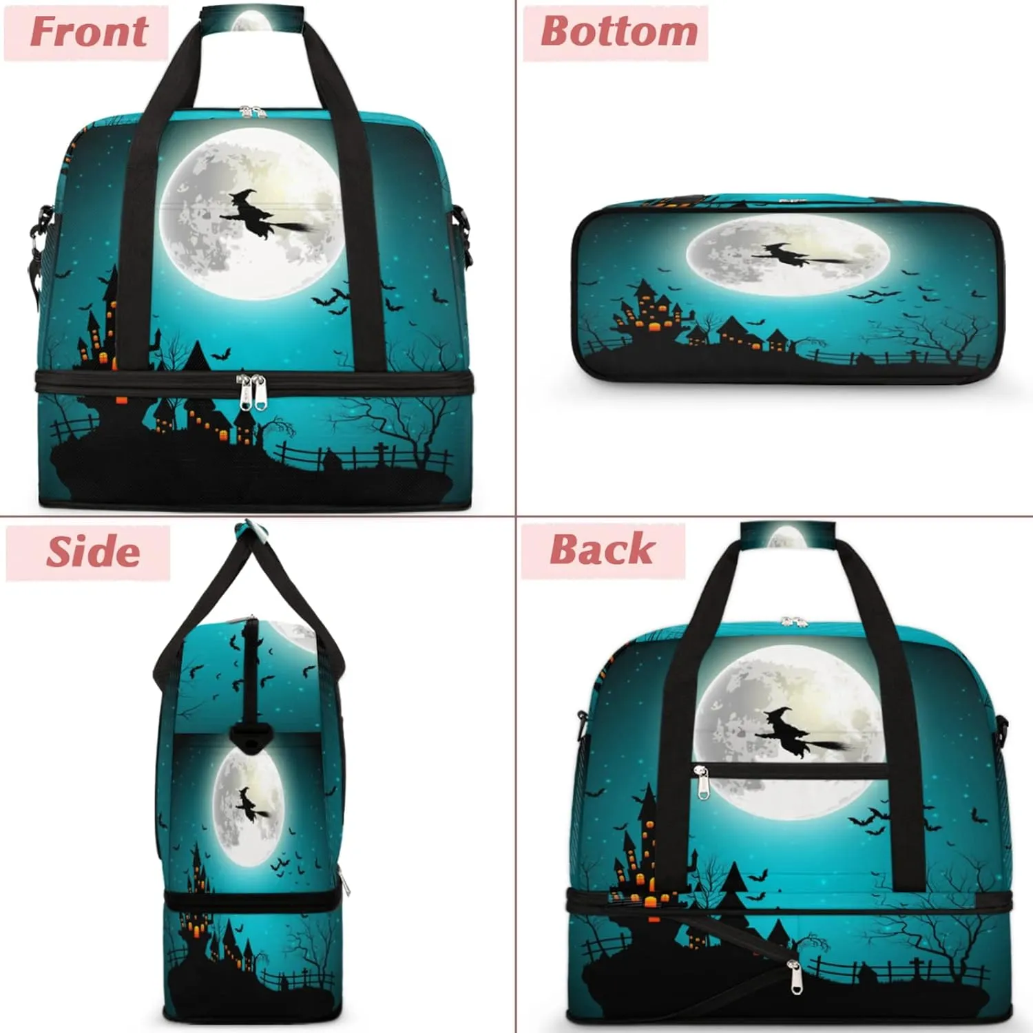 Halloween Witch Moon Castle Foldable Travel Duffel Bag Tote Carry on Luggage Sport Duffle for Women Men Gym Bag Overnight Weekender Bags with Shoe Compartments & Shoulder Strap