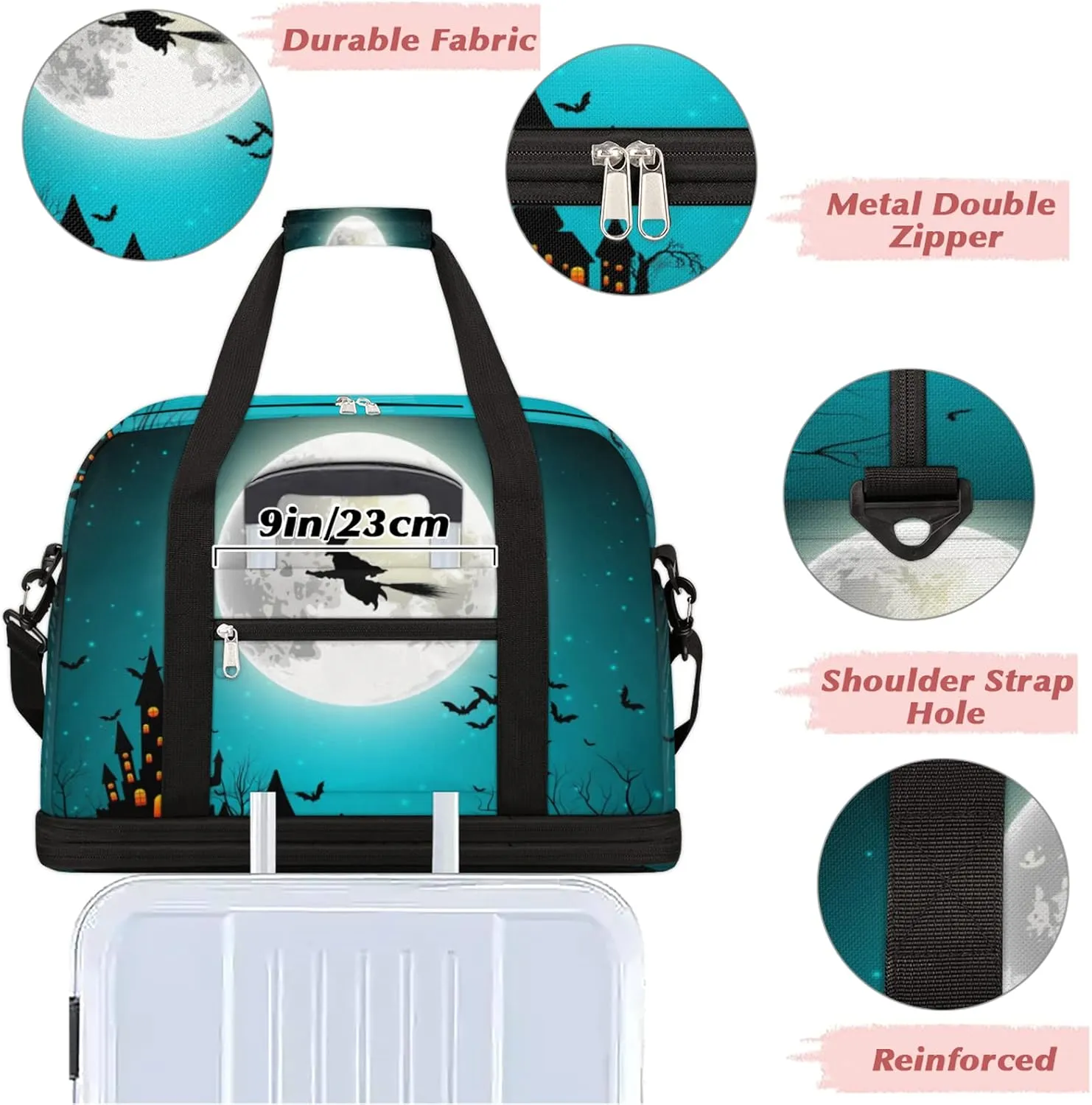 Halloween Witch Moon Castle Foldable Travel Duffel Bag Tote Carry on Luggage Sport Duffle for Women Men Gym Bag Overnight Weekender Bags with Shoe Compartments & Shoulder Strap