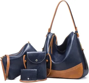 Handbags for Women Tote Bags Color Block Large Capacity Shoulder Bags Card Hold 4 Pcs Set