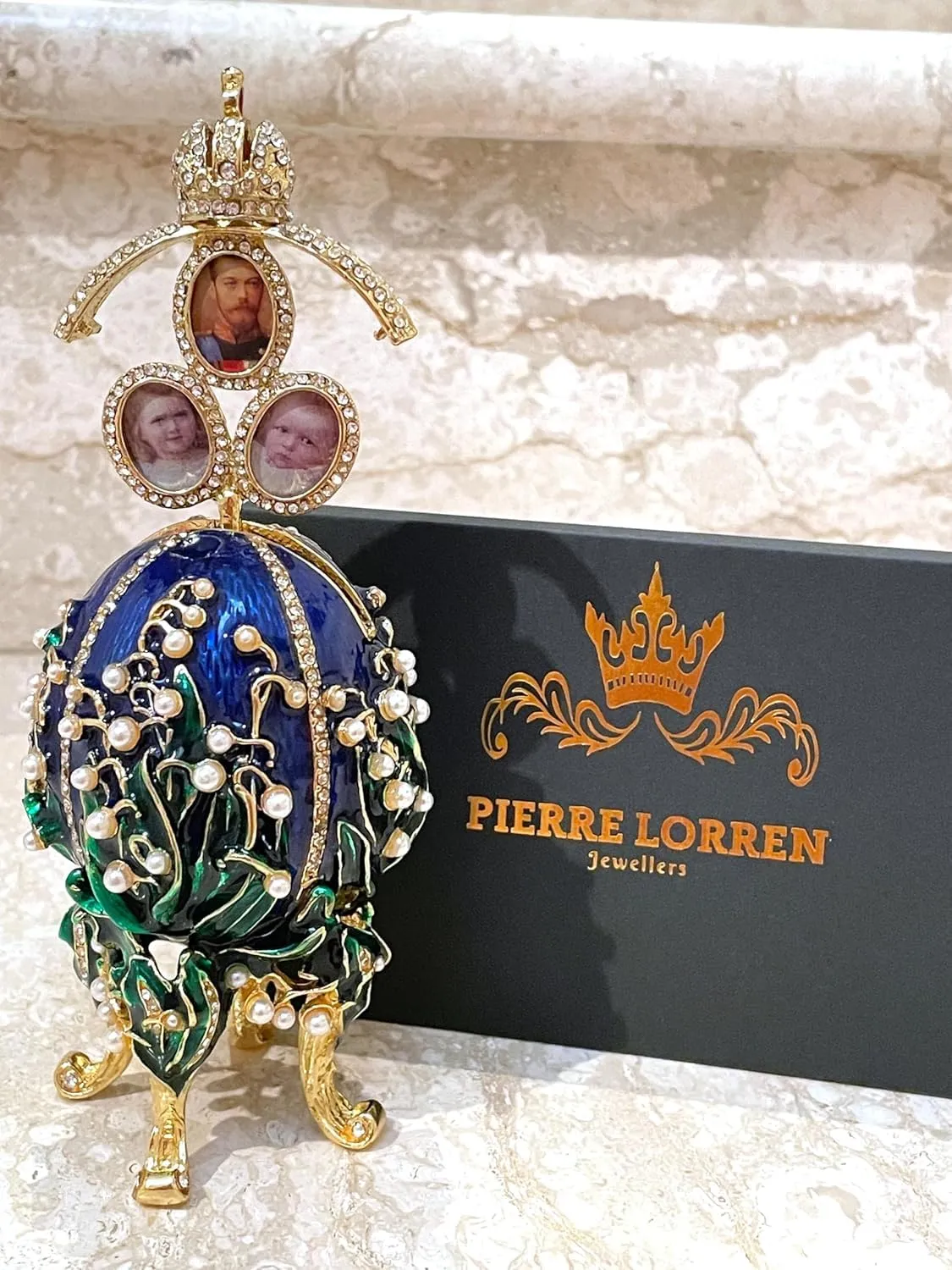 HANDMADE Designer Faberge Eggs Collection GOLD Photo Frame Imperial Russian Egg Faberge Ornaments Men Graduation Son inlaw Birthday Gift Ideas for him 260 Austrian Crystals (Sapphire Blue Faberge Egg)