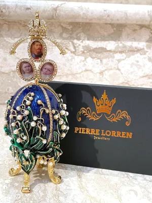 HANDMADE Designer Faberge Eggs Collection GOLD Photo Frame Imperial Russian Egg Faberge Ornaments Men Graduation Son inlaw Birthday Gift Ideas for him 260 Austrian Crystals (Sapphire Blue Faberge Egg)