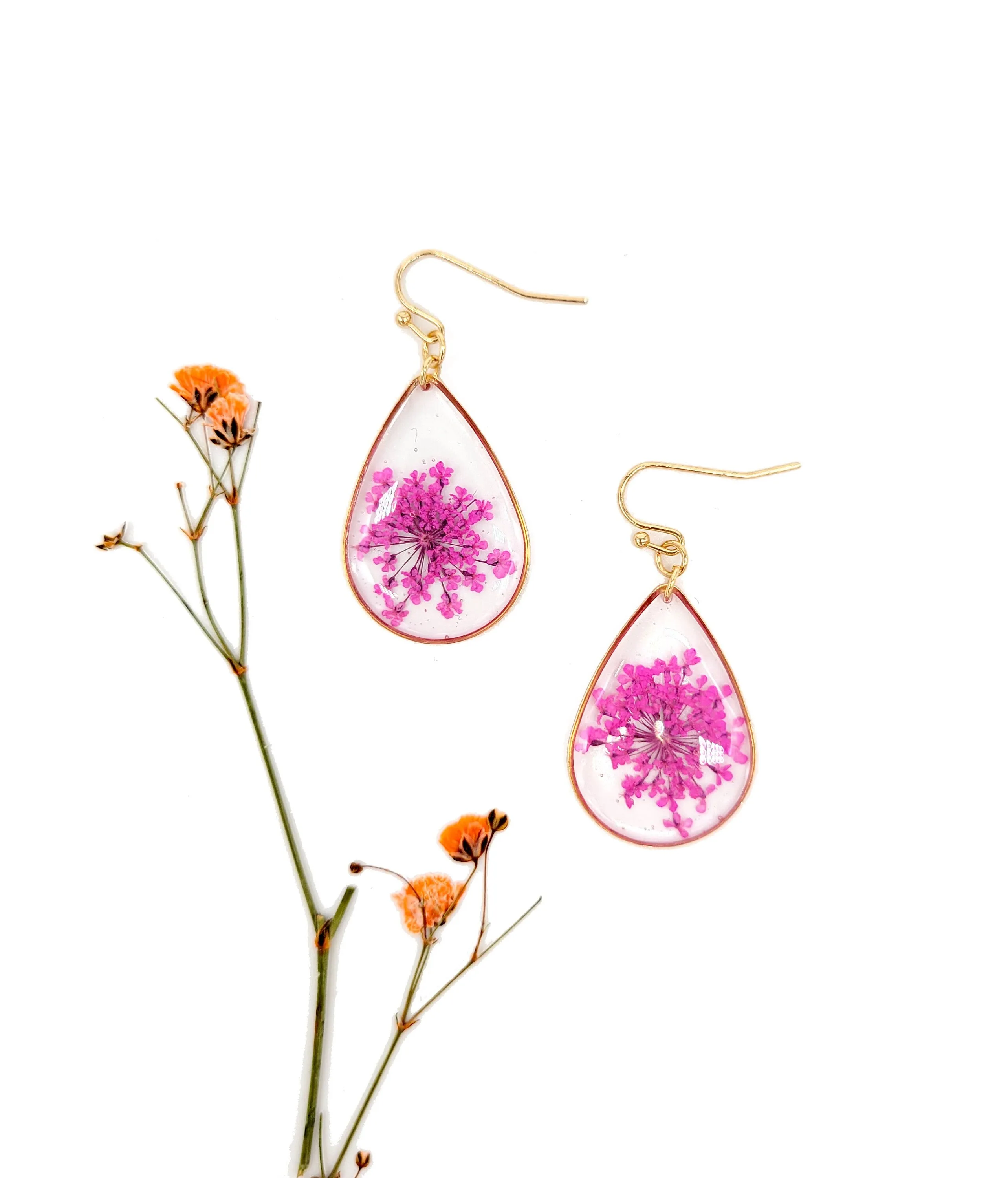 Handmade Dried Flower Teardrop Small Botanical Earrings