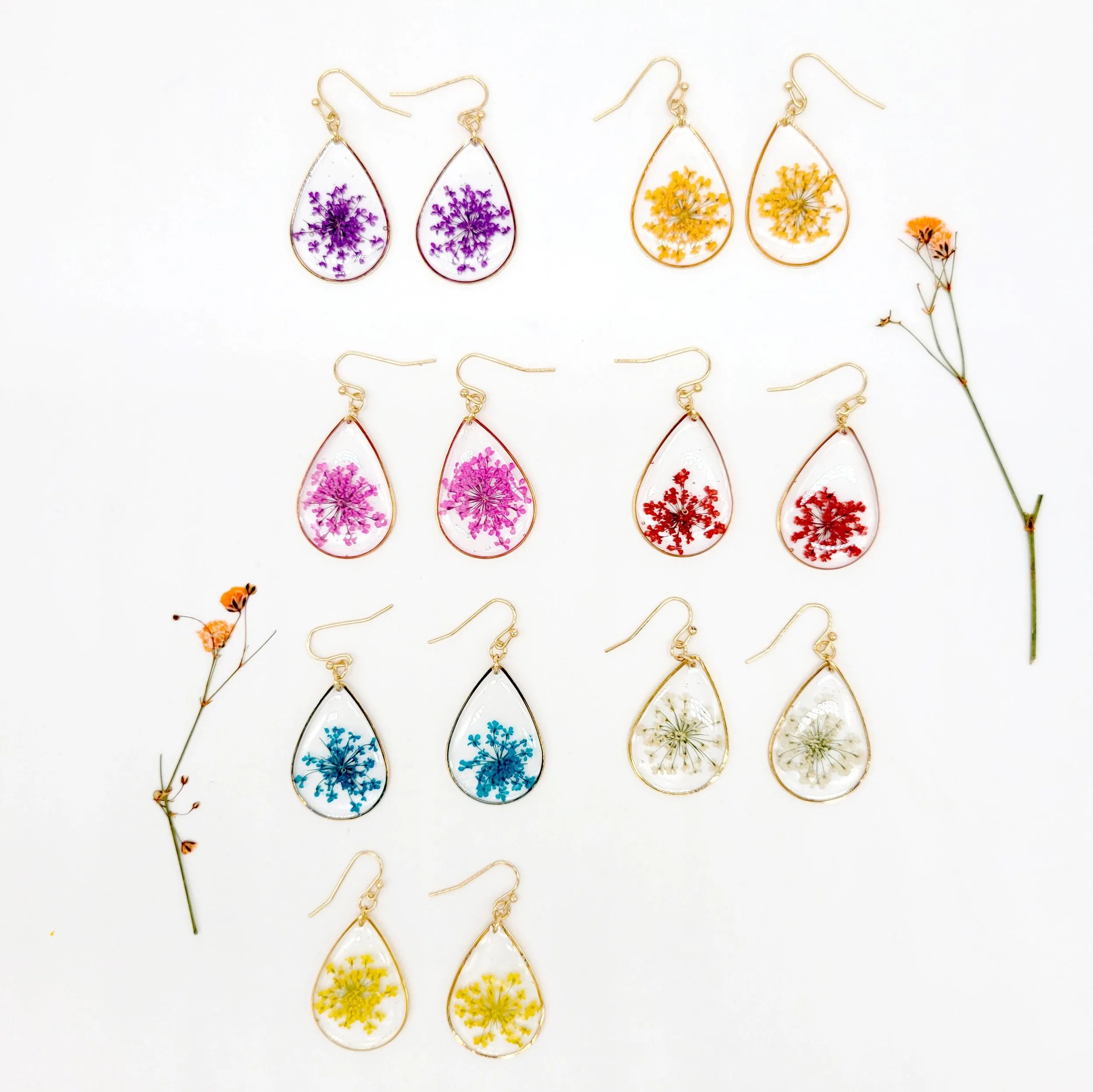 Handmade Dried Flower Teardrop Small Botanical Earrings