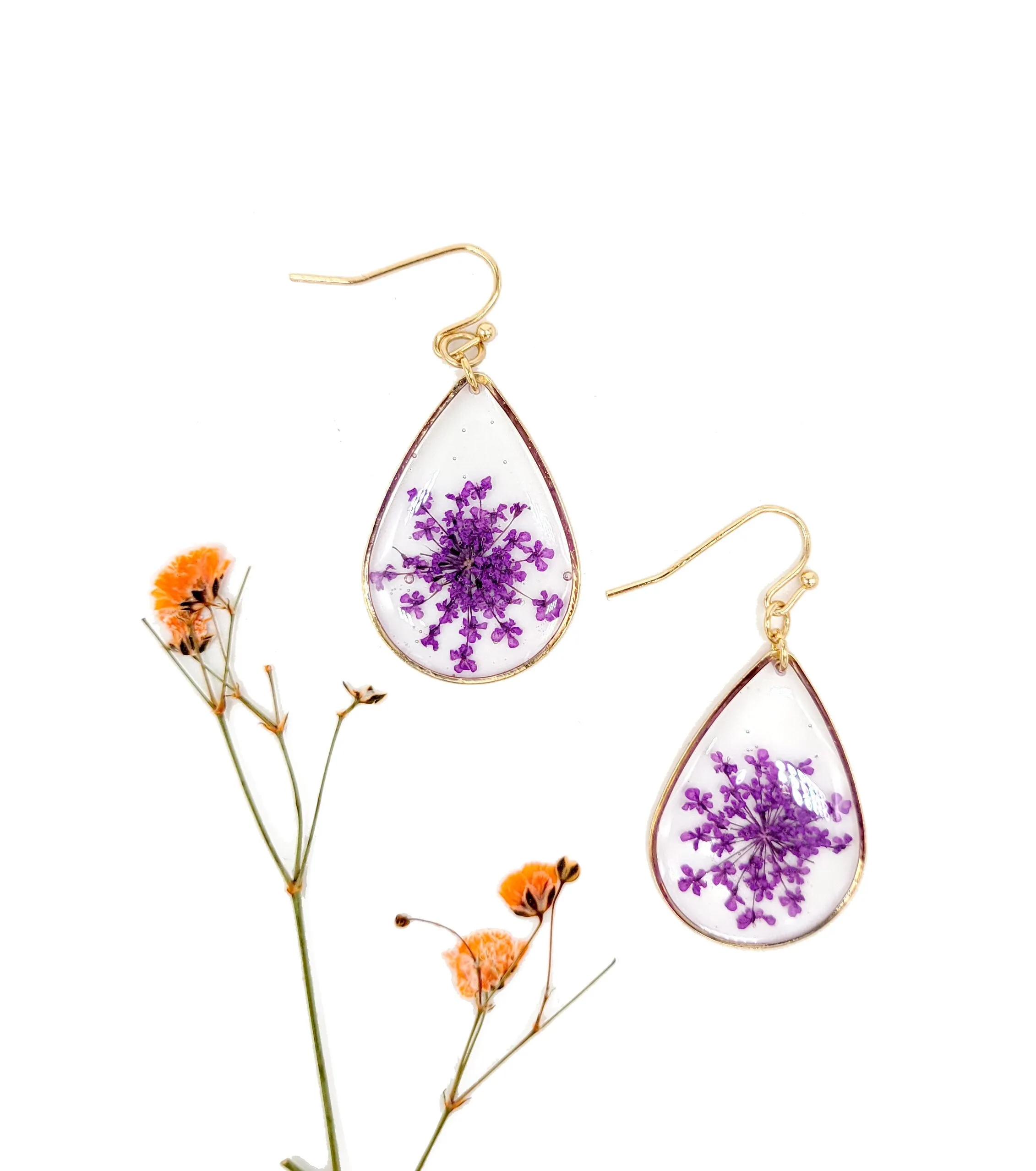 Handmade Dried Flower Teardrop Small Botanical Earrings
