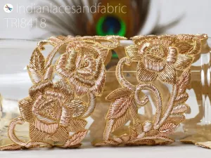 Handmade Gold Zardozi Trim by the Yard Indian Handcrafted Sari Crafting Lehenga Wedding Costumes Saree Border Bridal Belt Sashes Home Decor