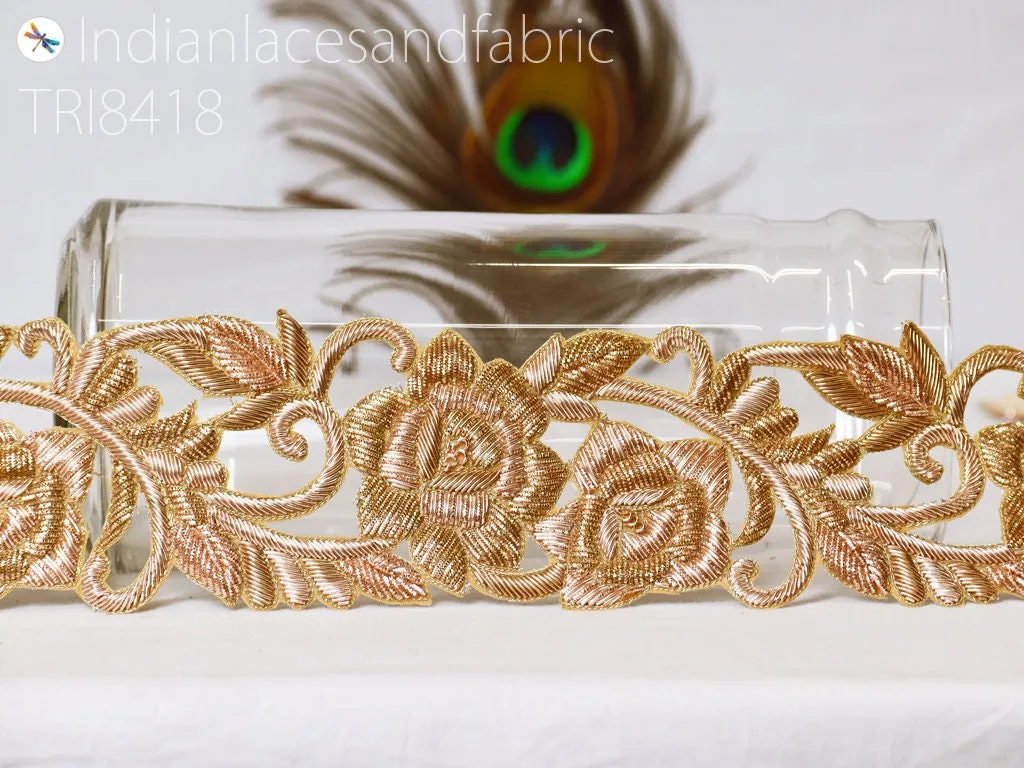 Handmade Gold Zardozi Trim by the Yard Indian Handcrafted Sari Crafting Lehenga Wedding Costumes Saree Border Bridal Belt Sashes Home Decor