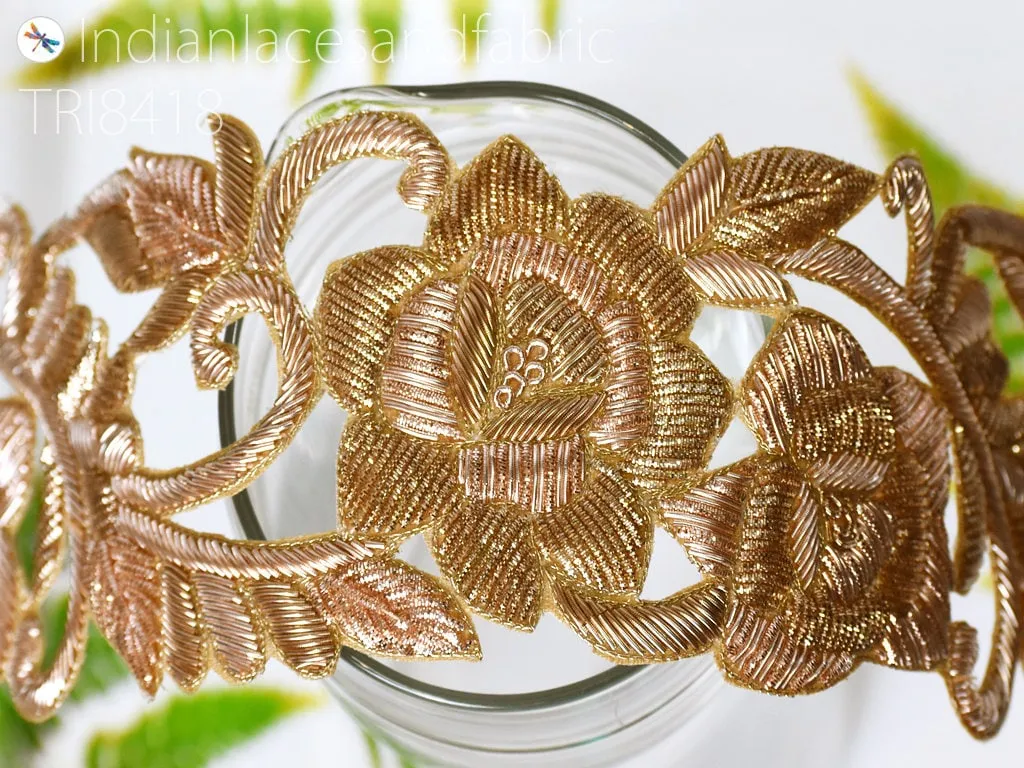 Handmade Gold Zardozi Trim by the Yard Indian Handcrafted Sari Crafting Lehenga Wedding Costumes Saree Border Bridal Belt Sashes Home Decor