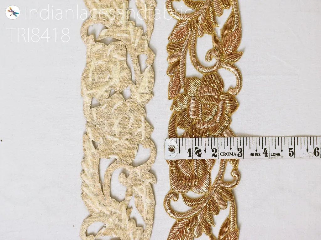 Handmade Gold Zardozi Trim by the Yard Indian Handcrafted Sari Crafting Lehenga Wedding Costumes Saree Border Bridal Belt Sashes Home Decor