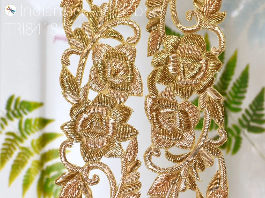 Handmade Gold Zardozi Trim by the Yard Indian Handcrafted Sari Crafting Lehenga Wedding Costumes Saree Border Bridal Belt Sashes Home Decor