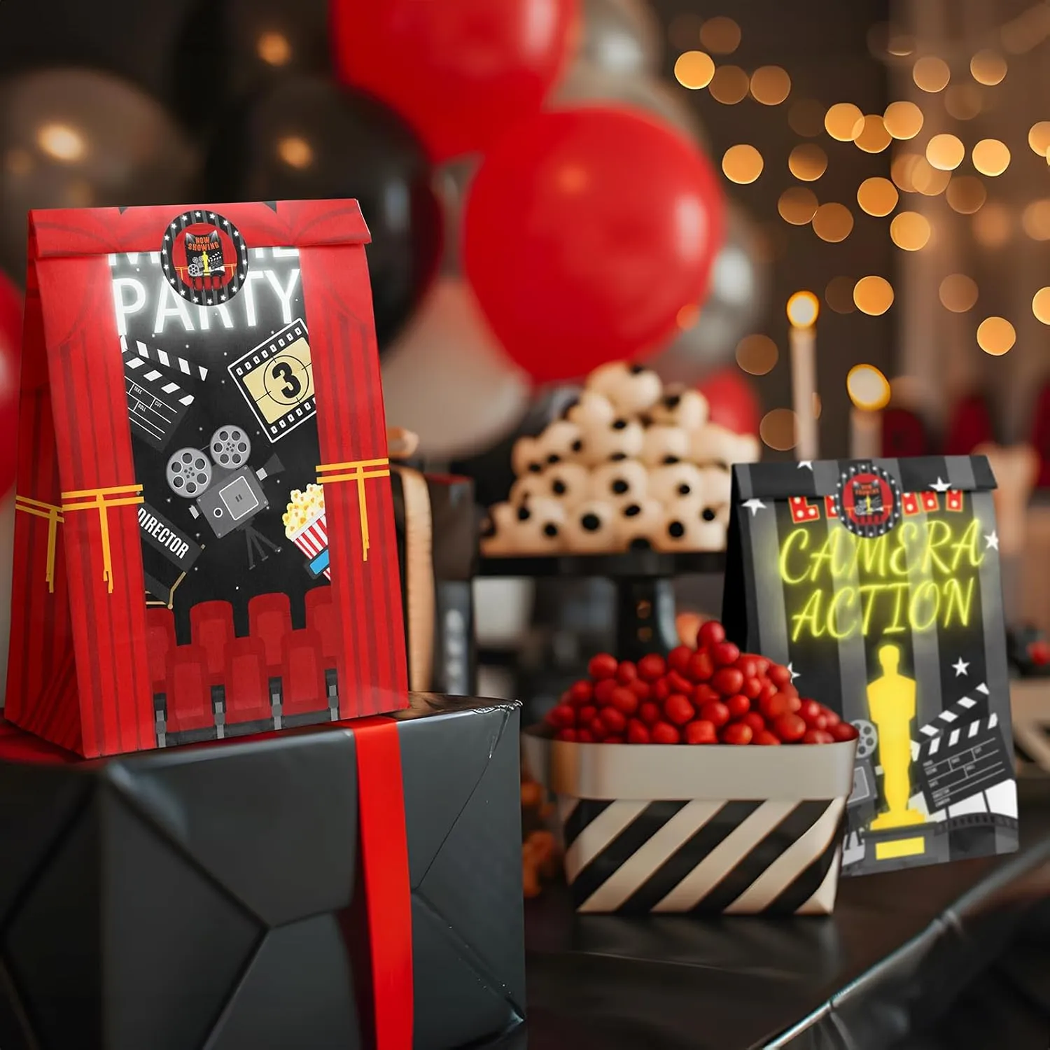HaPiBiDesign Movie Night Party Favor Bags - 24 Pcs Candy Bags with Stickers - Themed Birthday Party Supplies