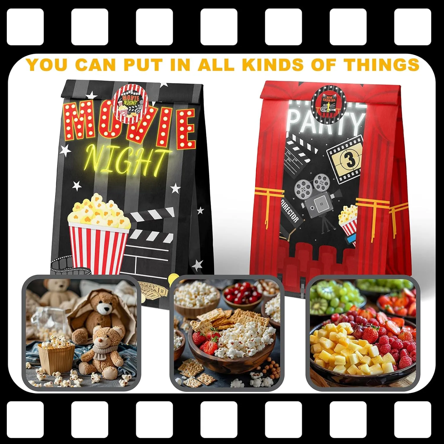 HaPiBiDesign Movie Night Party Favor Bags - 24 Pcs Candy Bags with Stickers - Themed Birthday Party Supplies