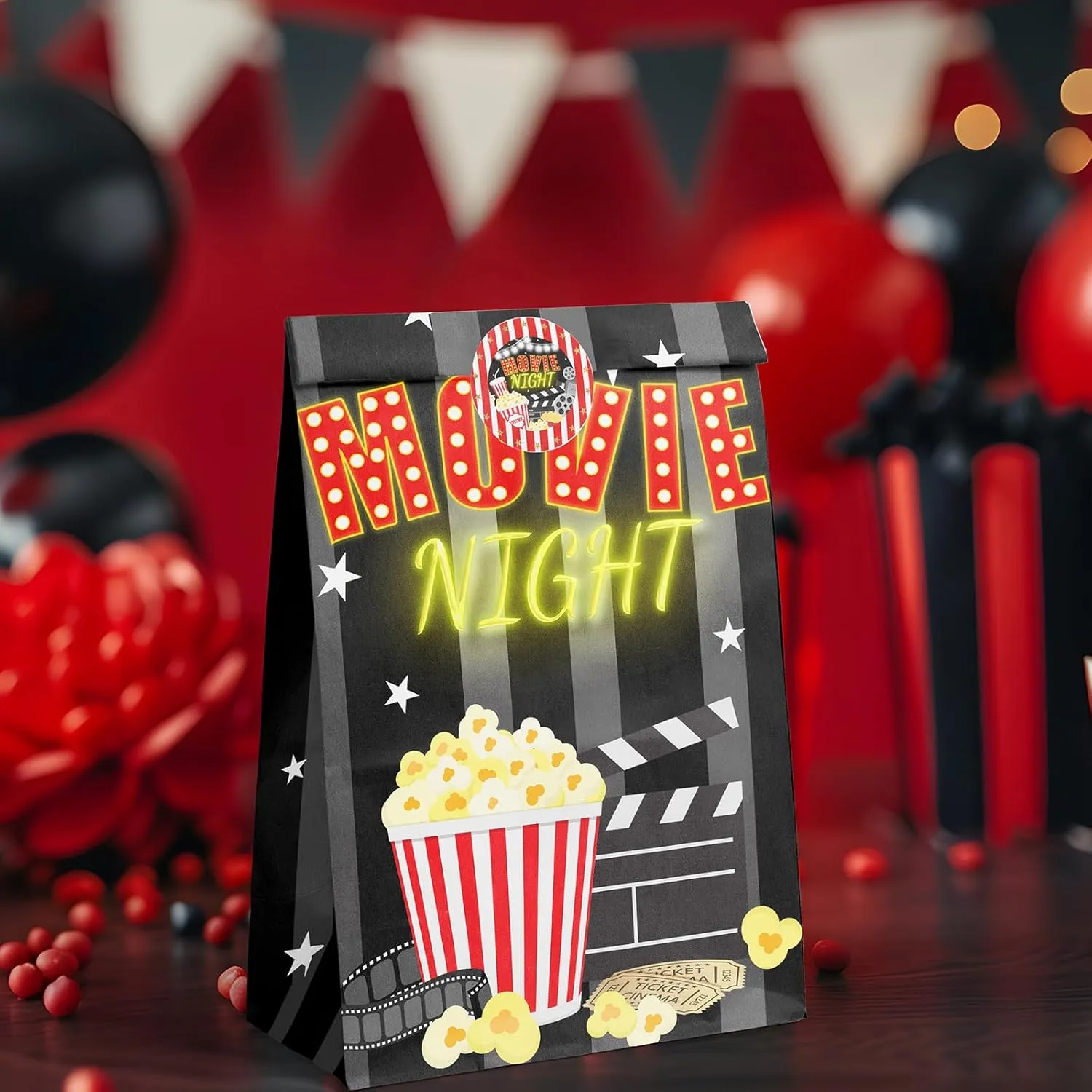 HaPiBiDesign Movie Night Party Favor Bags - 24 Pcs Candy Bags with Stickers - Themed Birthday Party Supplies