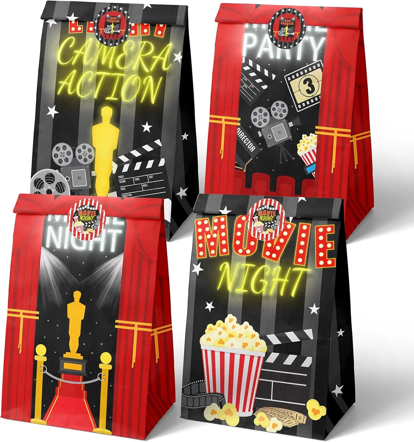 HaPiBiDesign Movie Night Party Favor Bags - 24 Pcs Candy Bags with Stickers - Themed Birthday Party Supplies