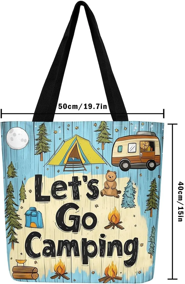 Happy Camping Canvas Tote Bags,Campfire Tent RV Car Large Capacity Shoulder Handbags,Travel Trailers Bag