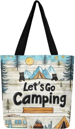 Happy Camping Canvas Tote Bags,Campfire Tent RV Car Large Capacity Shoulder Handbags,Travel Trailers Bag