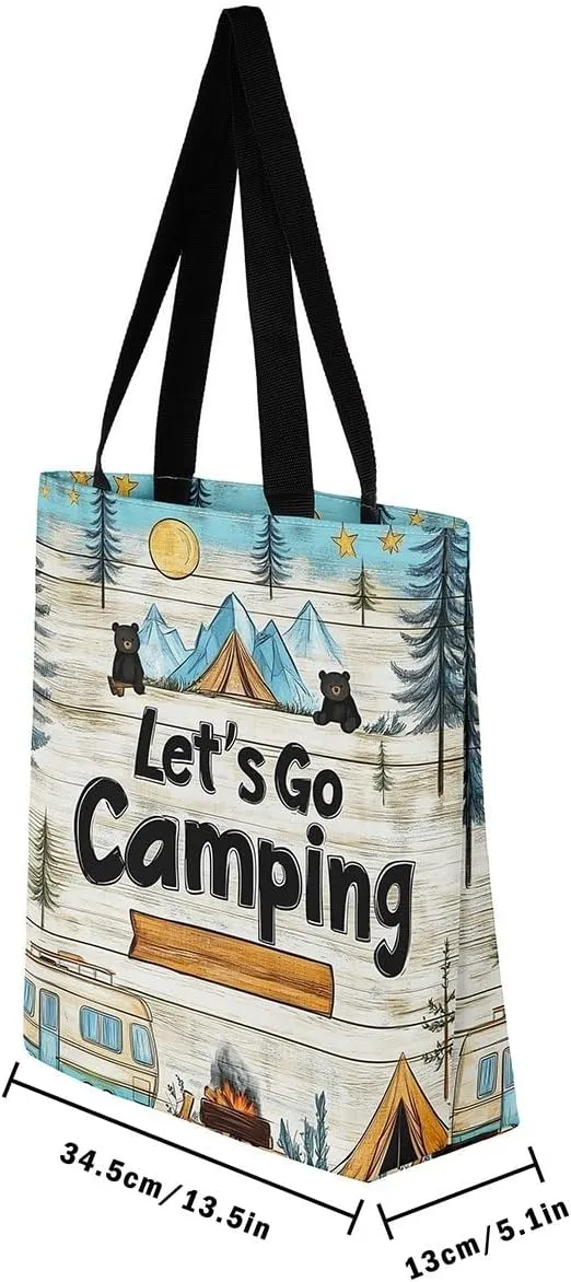 Happy Camping Canvas Tote Bags,Campfire Tent RV Car Large Capacity Shoulder Handbags,Travel Trailers Bag